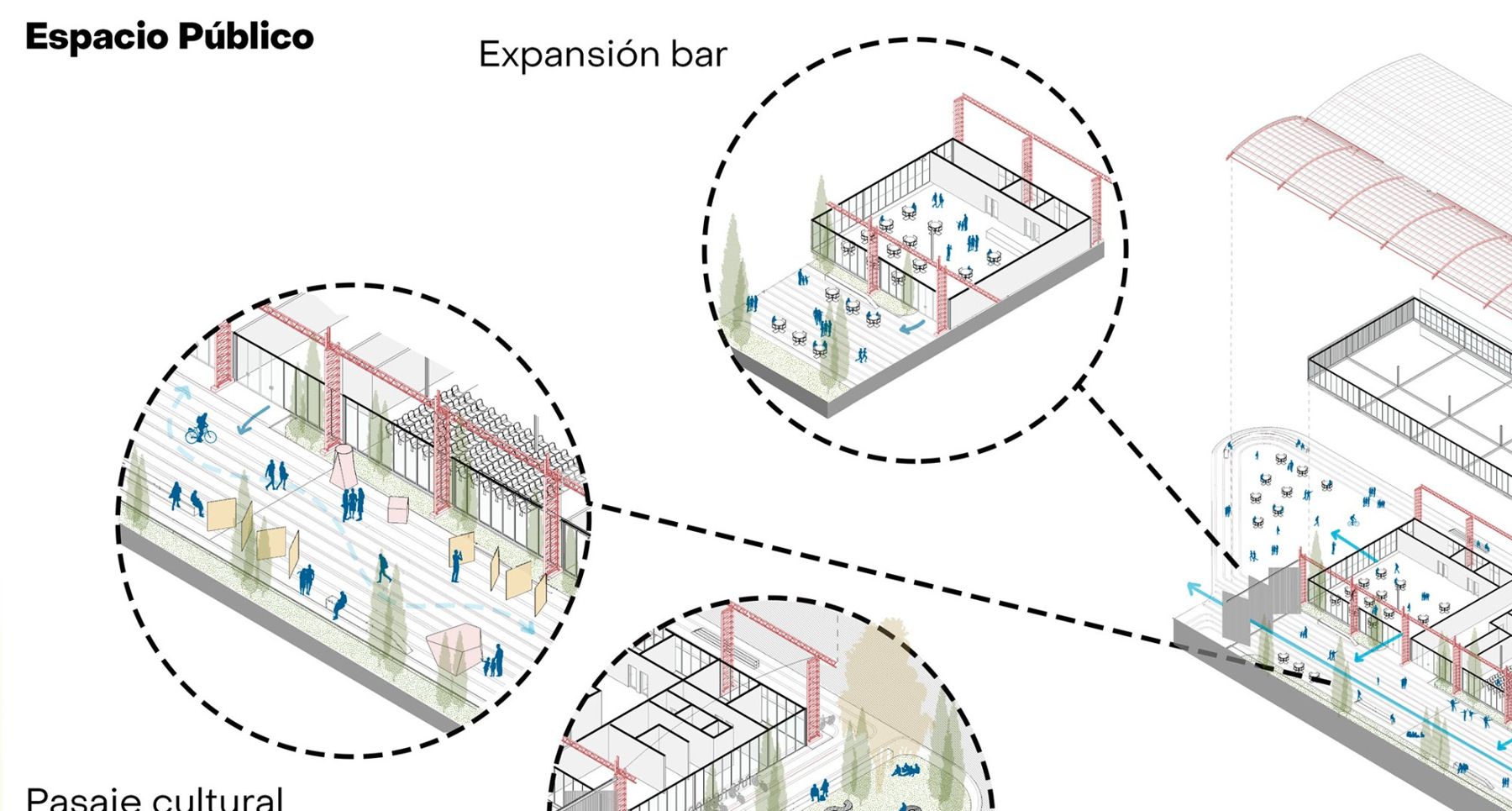 Exploded axonometric of a public building with zoomed-in public spaces
