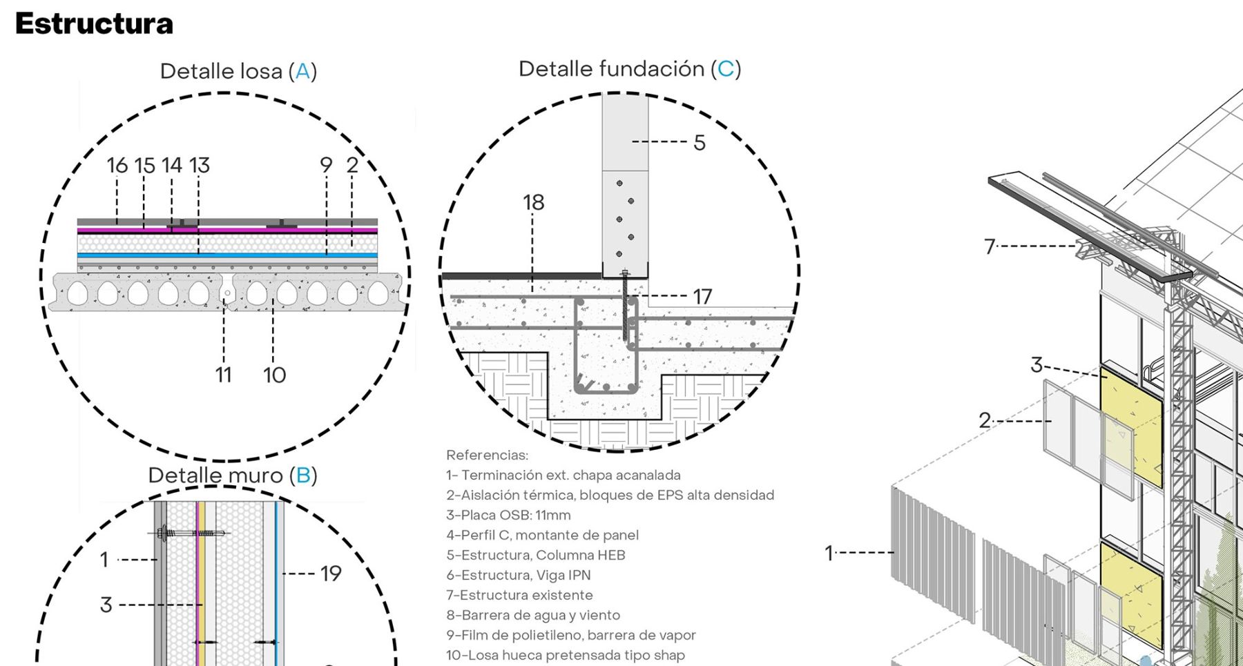 Exploded isometric with slab, wall and foundation details