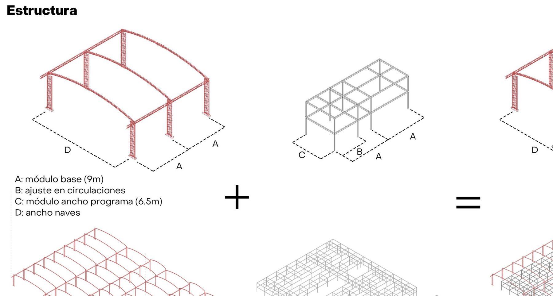 Isometric structure diagram: existing trusses plus new steel frame
