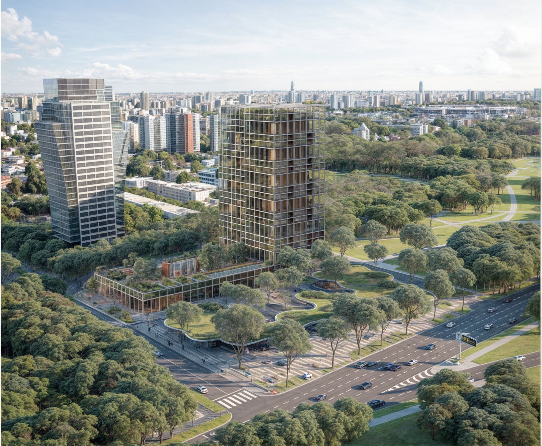Aerial render of two towers and a low podium set in a park, with the city behind