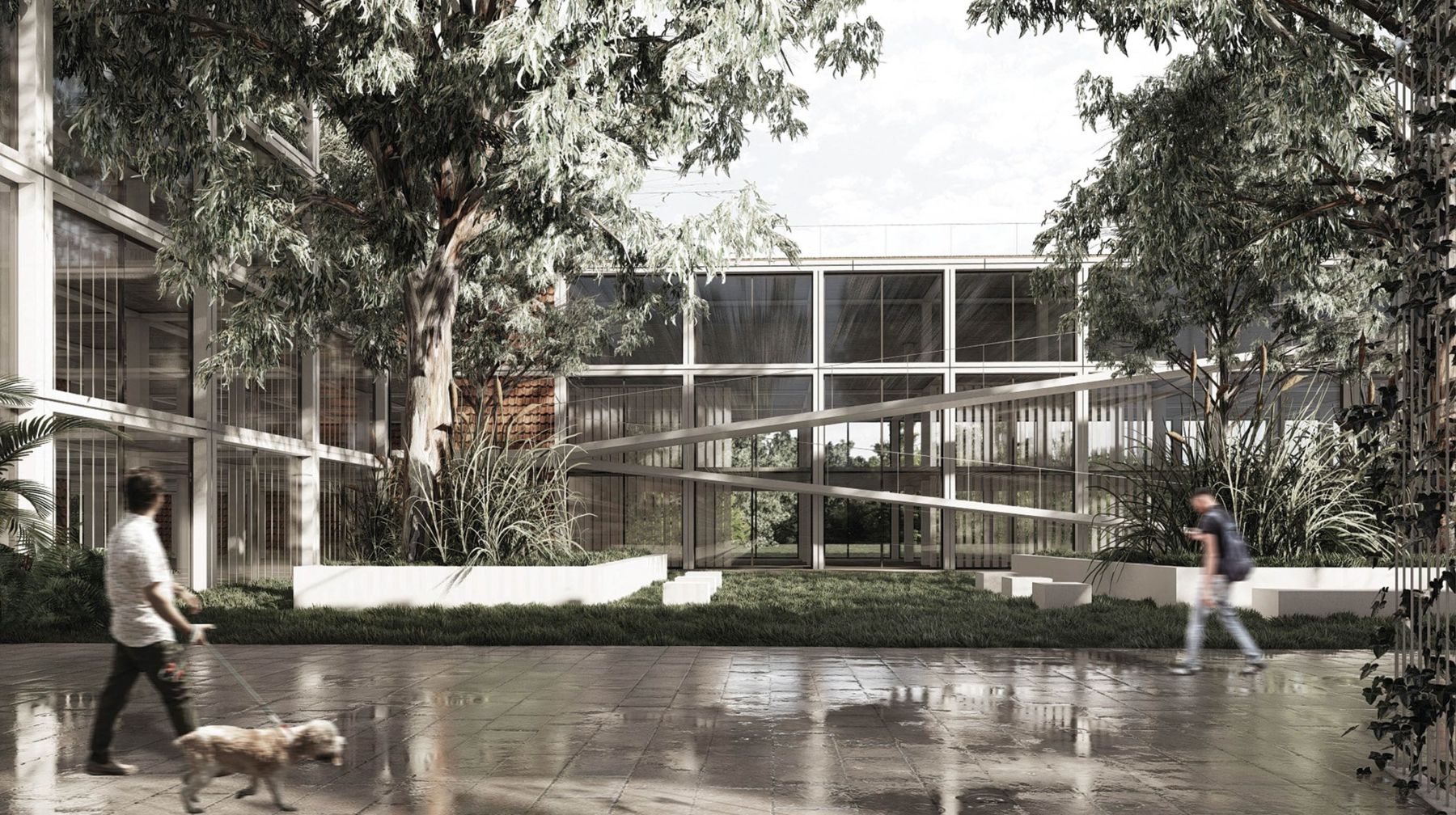 Render of a landscaped courtyard between glazed buildings