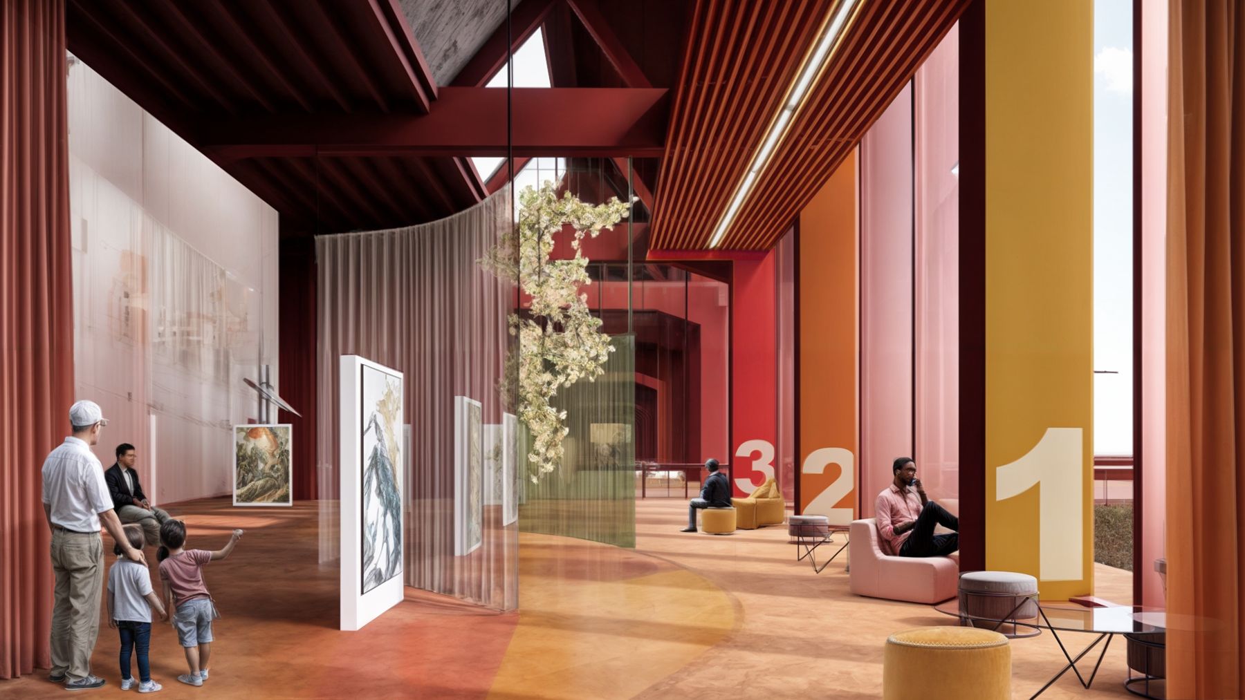 Interior render of an exhibition hall in red and orange tones