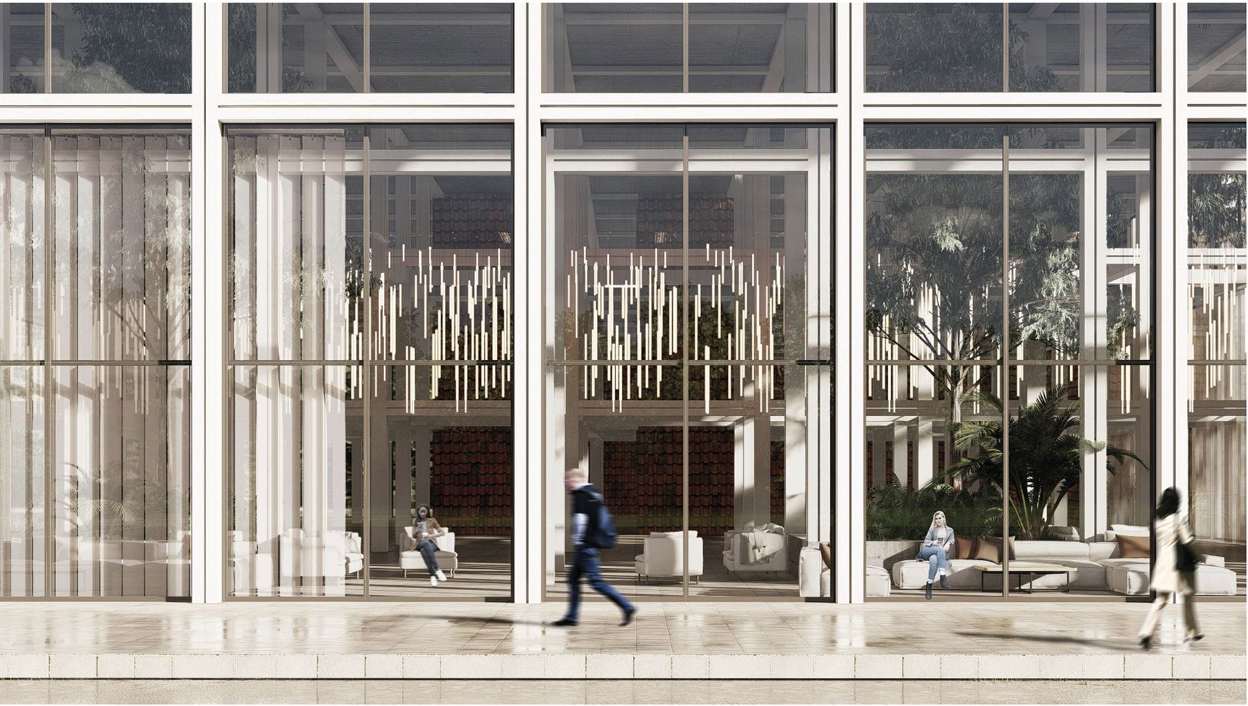 Street-level render of a double-height glazed lobby with hanging light fixtures