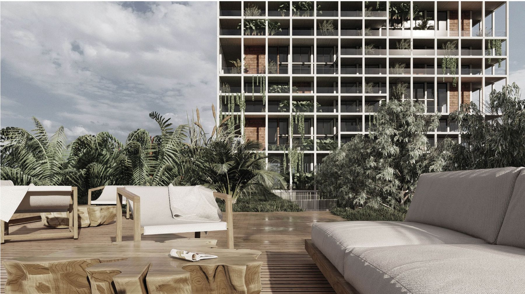Render of a rooftop terrace with outdoor furniture facing a planted tower