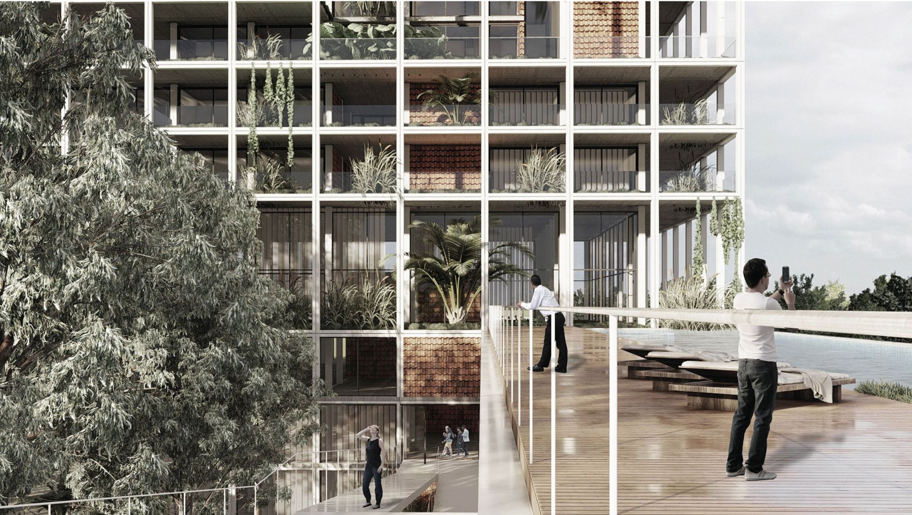 Render of a residential tower with planted balconies and a pool deck